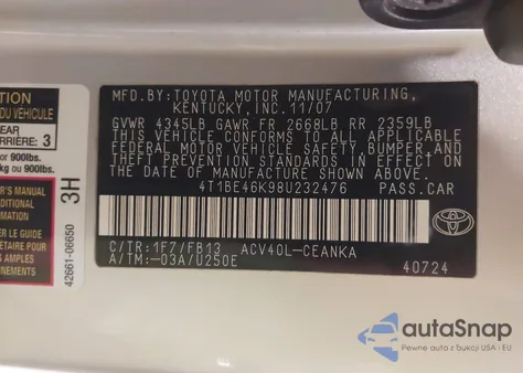 2008 Toyota Camry Le из США, поврежденный, VIN 4T1BE46K98U232476